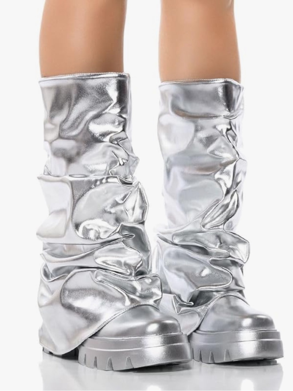 Metallic Silver Slouchy Lug-Sole Moto Boots